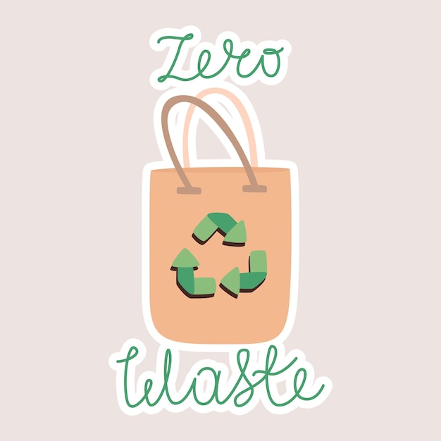 Reusable shopping bag with recycling sign hand lettering zero waste Vector cartoon isolated sticker