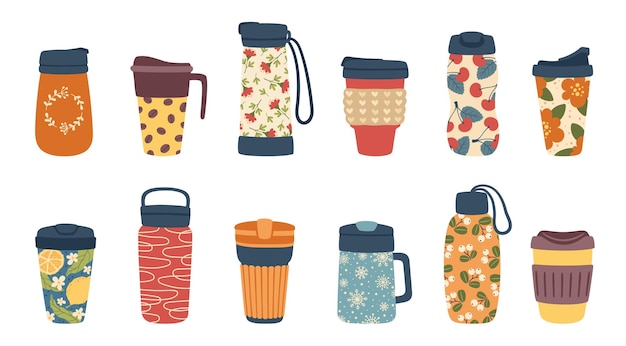 Reusable thermo mugs and tumblers thermos icons