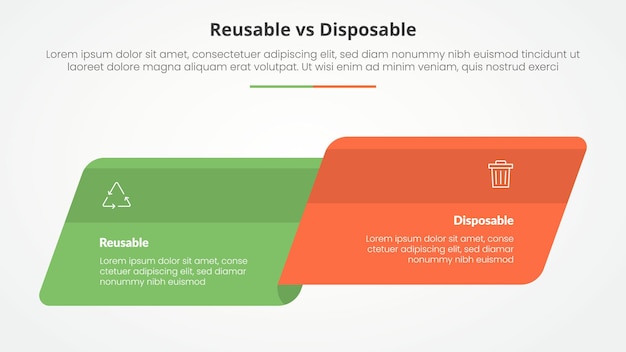 reusable vs disposable comparison opposite infographic concept for slide presentation with skew round rectangle box side by side with flat style