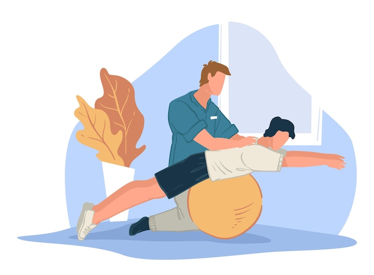 Vector revalidatie en lichaamsbehandeling met speciale oefeningen om het lichaam te versterken. welzijn en gezondheidszorg. coach helpt karakter om zich uit te rekken op grote fitnessbal in de sportschool. vector in vlakke stijl