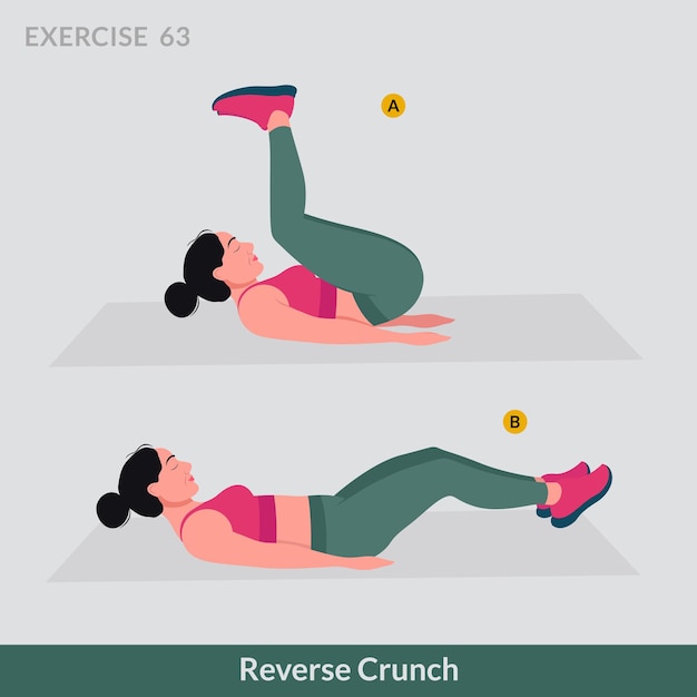 Vettore esercizio di crunch inverso, allenamento fitness donna, aerobica ed esercizi.