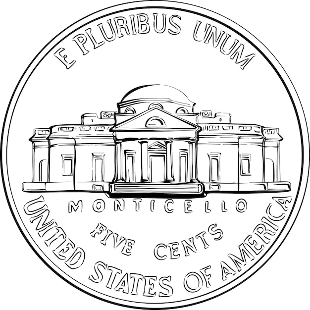 역방향 제퍼슨 니켈 아메리칸 머니 미국 5센트 동전 제퍼슨 하우스 몬티첼로의 역방향 b