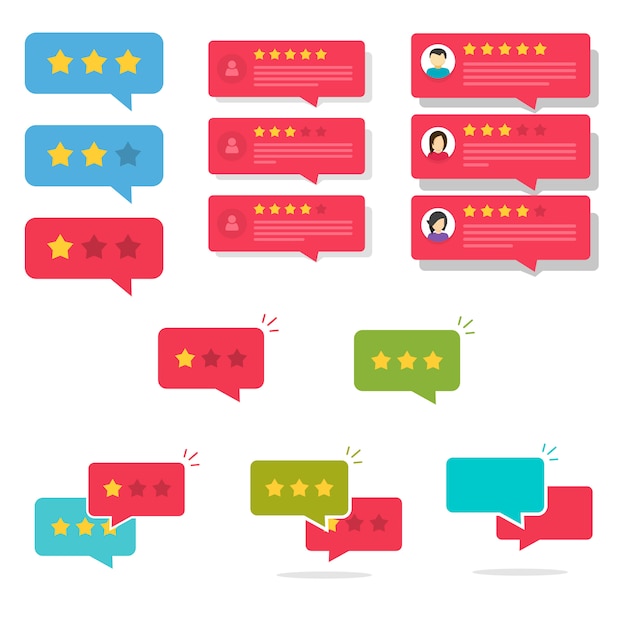 Review rating bubble speeches or testimony feedback chat messages with good and bad rate stars set illustration flat cartoon