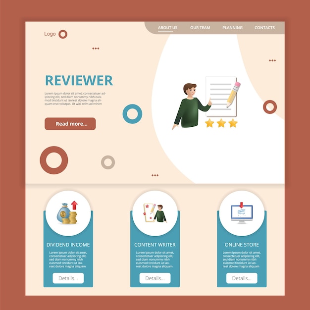 ベクトル レビューヤーのフラットランディングページウェブサイトのテンプレート 配当収入