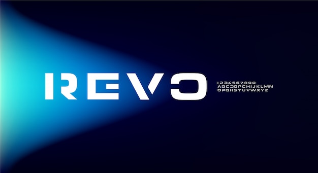 Revo, 기술 테마로 추상 미래형 알파벳 글꼴. 현대적인 미니멀리스트 타이포그래피 디자인 프리미엄