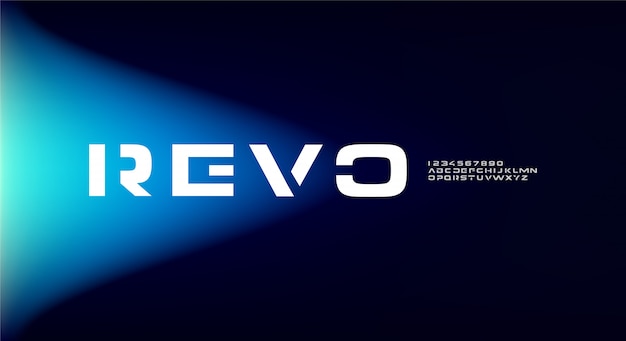 Revo, an abstract futuristic alphabet font with technology theme. modern minimalist typography design premium