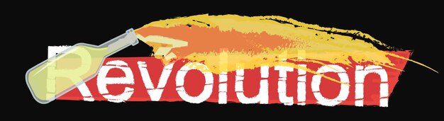 Revolution grunge scratched logo with flying burning molotov cocktail isolated on black