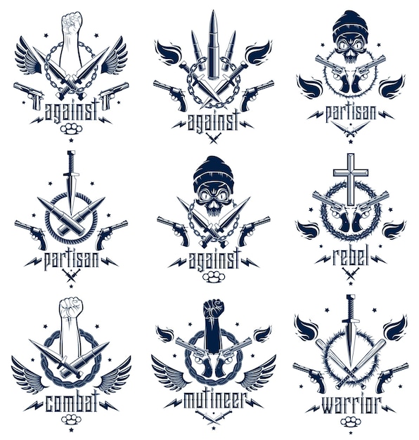 Revolution and Riot aggressive emblem or logo with strong clenched fist, aggressive skull, bullets and guns, weapons and different design elements , vector tattoo, rebel and revolutionary.