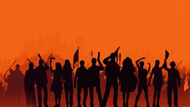 Revolution Silhouette orange a crowd of revolutionaries Vector illustration