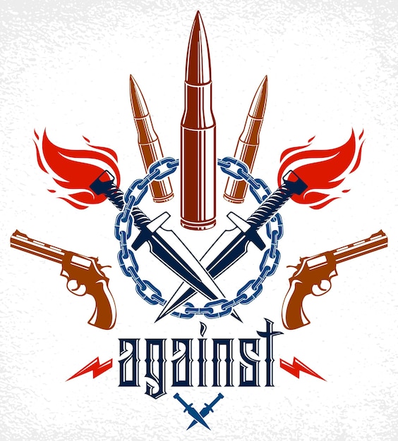 Revolution and War vector emblem with bullets and guns, logo or tattoo with lots of different design elements, riot partisan warrior, criminal and anarchist style, social tension theme.