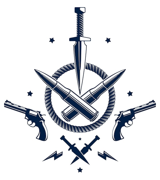 Revolution and war vector emblem with dagger knife and other weapons , tattoo with lots of design elements, riot partisan warrior, criminal and anarchist style, social tension theme.