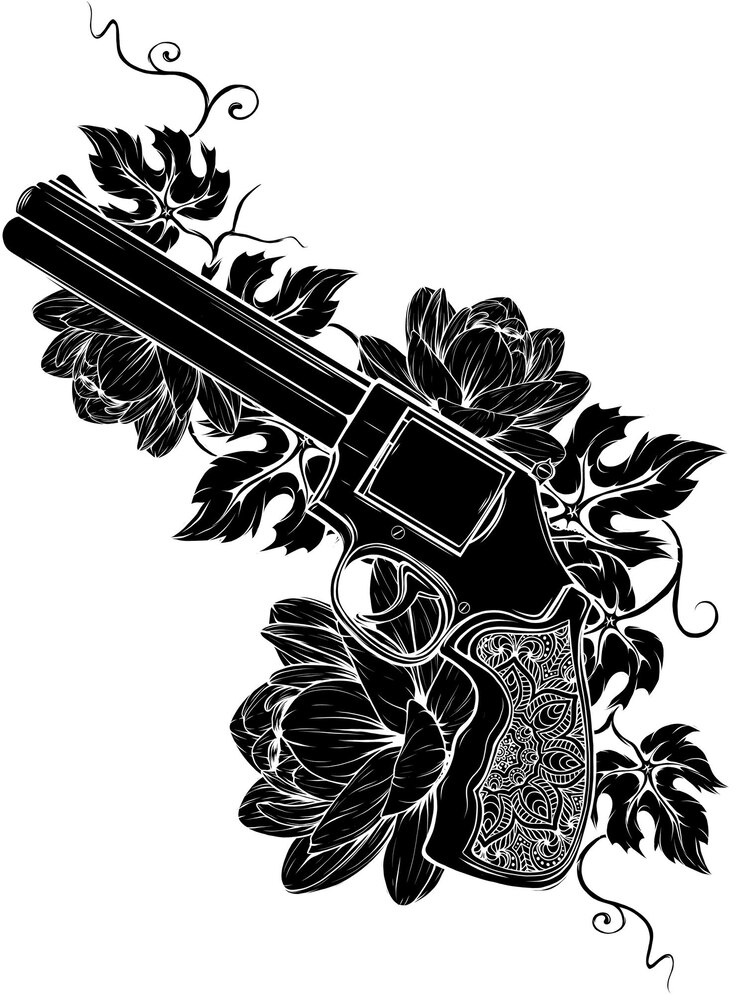 वेक्टर revolver and flowers color vector illustration