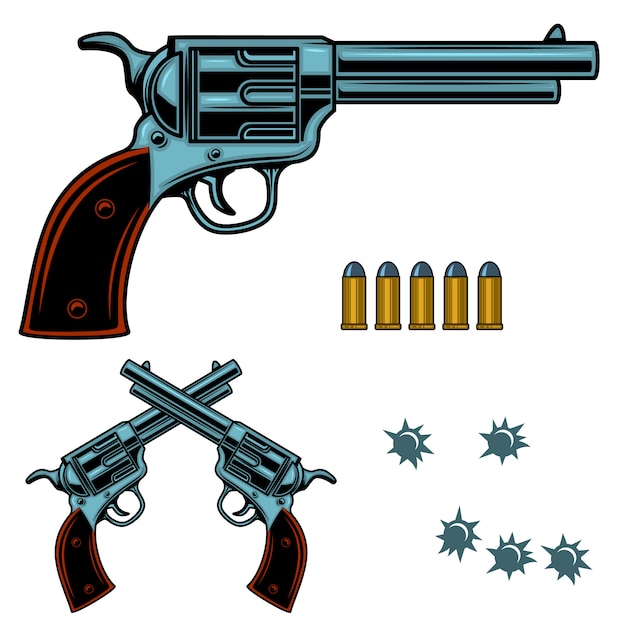 Vector revolver kleurrijke illustratie. geweerkogels en gaten. element voor poster, embleem, teken, banner. beeld