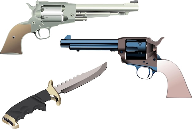Revolvers and knife on isolated background Vector illustration