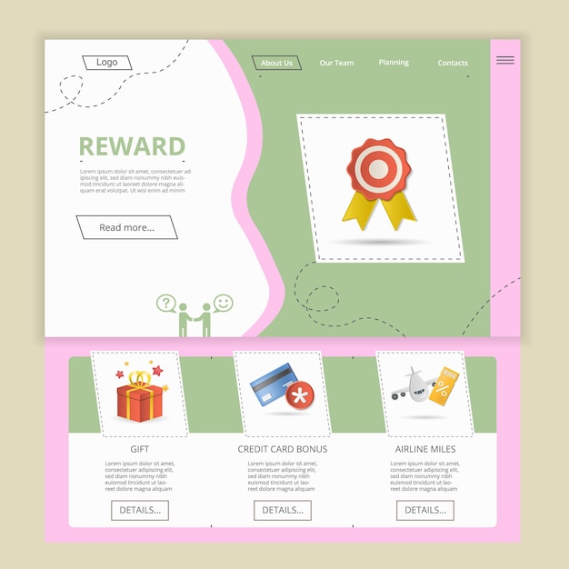 Reward flat landing page website template gift credit card bonus airline miles web banner with