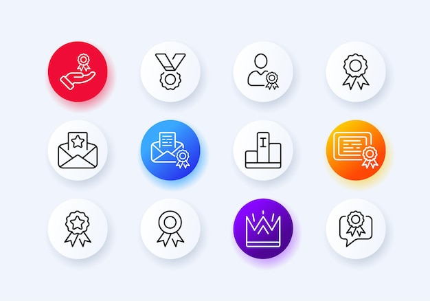 Значок набора наград эмблема отличия медаль диплом письмо подарок победа достижение корона сертификат пьедестал первое место стиль неоморфизм значок векторной линии для бизнеса и рекламы