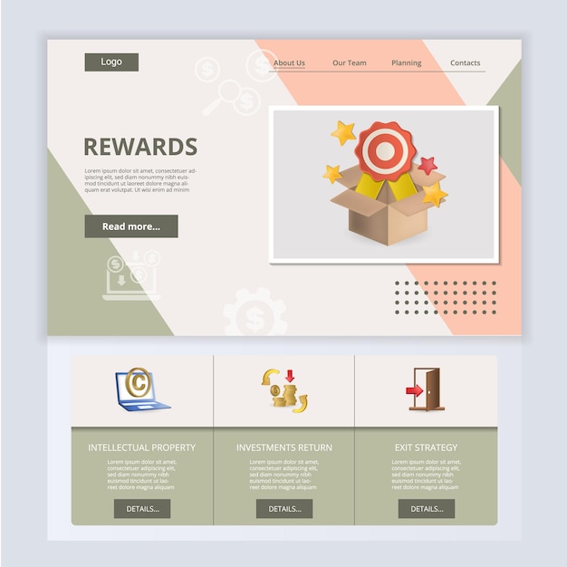 Vector rewards flat landing page website template intellectual property investments return exit strategy