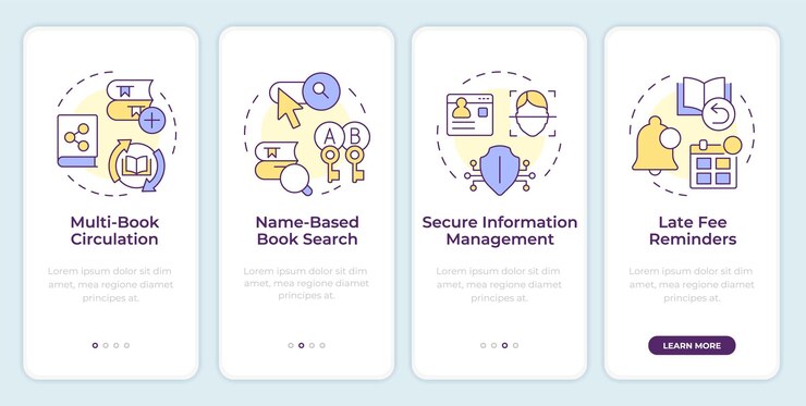 Vector rfid library advantages onboarding mobile app screen