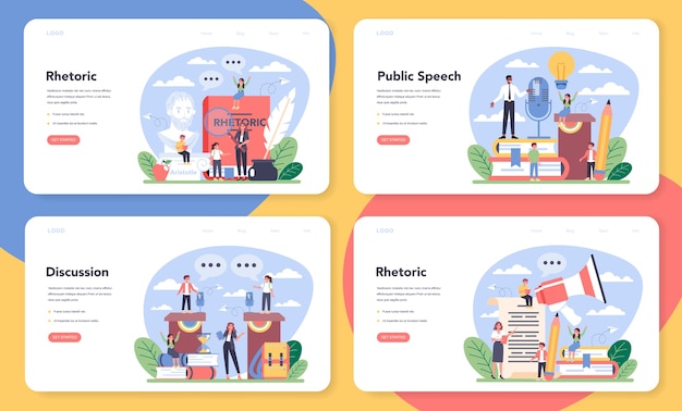 Rhetoric or elocution school class web banner or landing page set