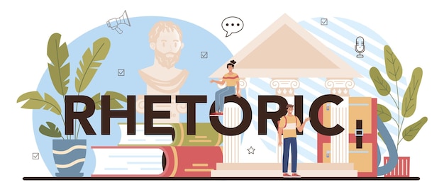 Vector rhetoric typographic header. students training public speaking and debates