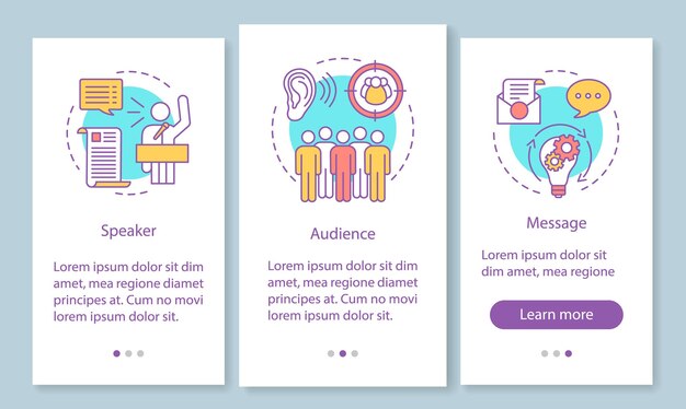 rhetorical triangle onboarding mobile app page screen with linear concepts. leadership skills. speaker, audience, message walkthrough graphic instructions. ux, ui, gui template with illustrations