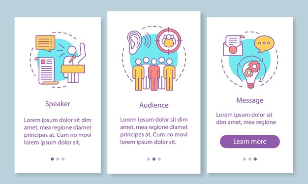 Rhetorical triangle onboarding mobile app page screen with linear concepts. Leadership skills. Speaker, audience, message walkthrough graphic instructions. UX, UI, GUI template with illustrations