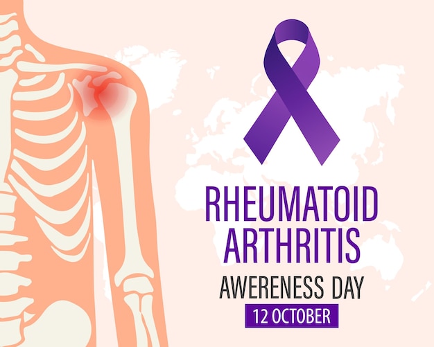 Rheumatoid Arthritis Awareness Day banner Purple ribbon and male shoulder joint Medical concept