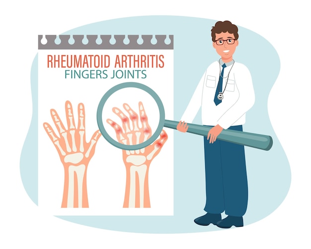 Vector rheumatoid arthritisosteoarthritis of the joints of the fingersmale doctor with a magnifying glass