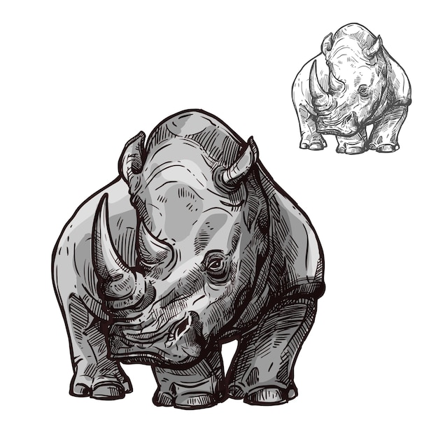 Vector rhino animal isolated sketch of african rhinoceros