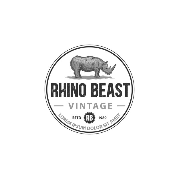 Rhino Beast vintage classic retro with engraving crosshaching logo tamplate