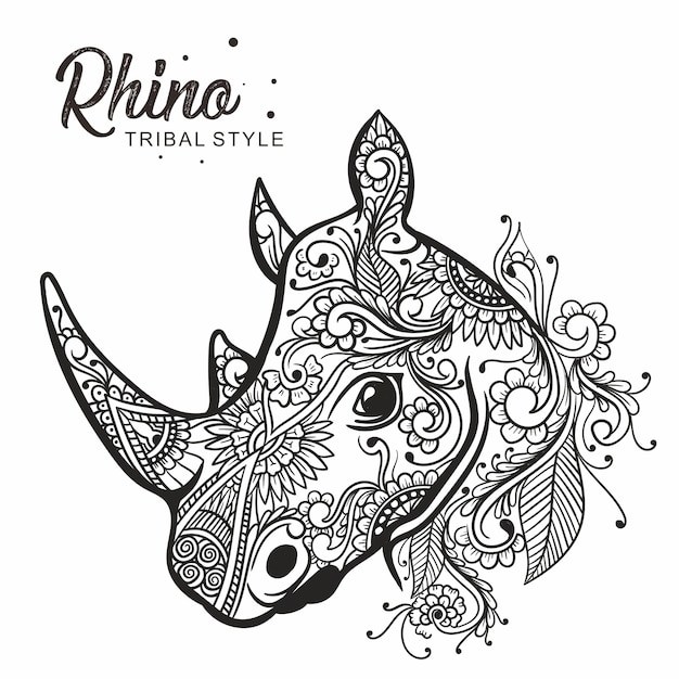 Vettore rhino head tribal style disegnato a mano