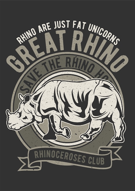 Rhino, Vintage Illustration Poster.