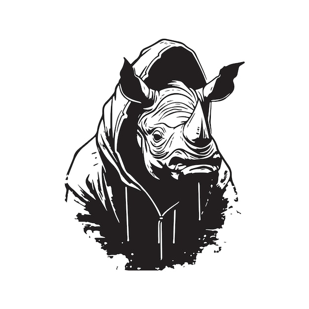 Vector rhino wearing hoodie vintage logo line art concept black and white color hand drawn illustration