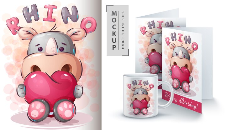 Vector rhino with heart poster and merchandising.