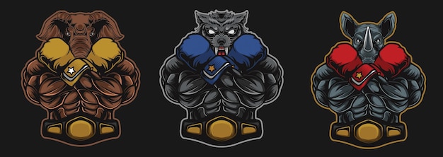 rhino, wolf, elephant bodybuilder illustration