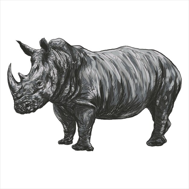 A rhinoceros illustration of a big african rhino with large horns and wrinkled skin