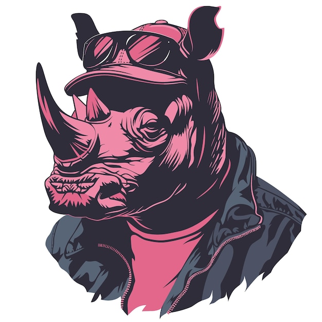Rhinoceros in leather jacket and sunglasses Vector illustration