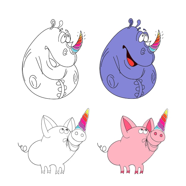 Vector rhinoceros and piglet with unicorn horn vector illustration set of cute funny animals