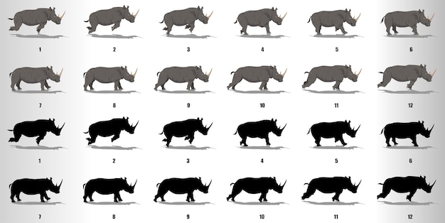 Foglio sprite della sequenza di animazione in loop dei frame di animazione del ciclo di rhinoceros