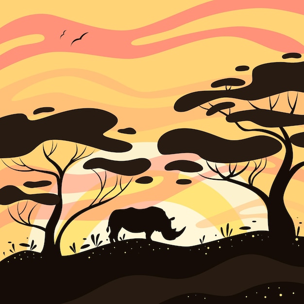 Vettore rinoceronte al tramonto silhouette di un rinoceronte sullo sfondo del tramonto nella savana africana