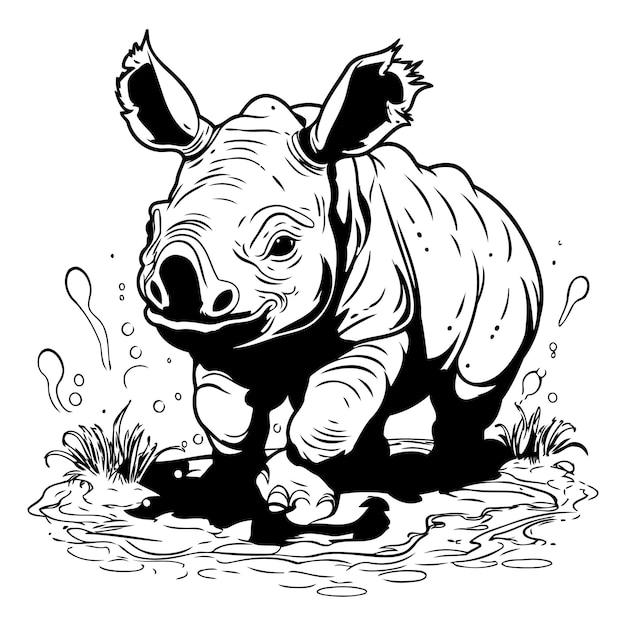 Rhinoceros in the water Black and white vector illustration