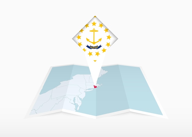 ベクトル ロードアイランドは折りたたまれた紙の地図に描かれ,ロードアイランドの旗が付いている位置標識が付いています