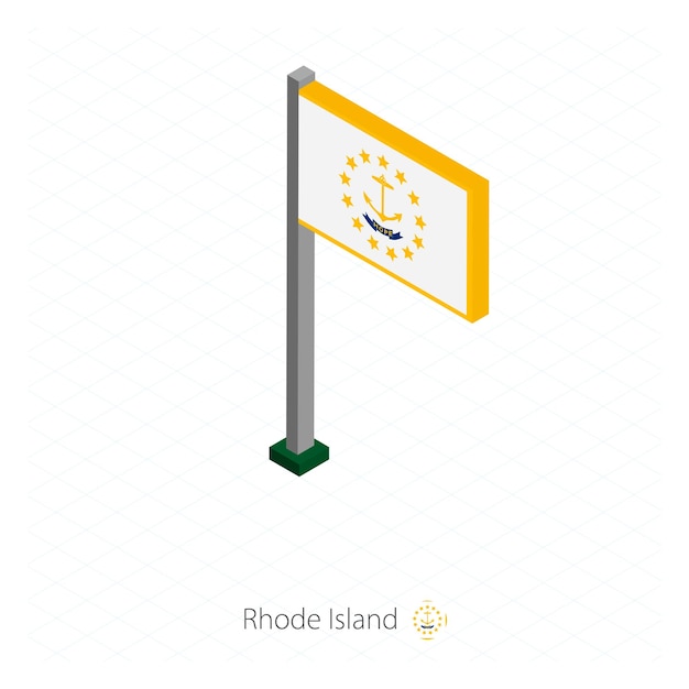 Bandiera dello stato degli stati uniti del rhode island su flagpole in dimensione isometrica sfondo blu isometrico illustrazione vettoriale