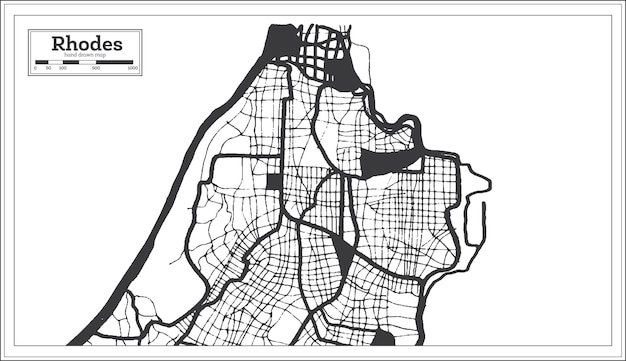 Rhodes Greece City Map in Black and White Color in Retro Style Outline Map