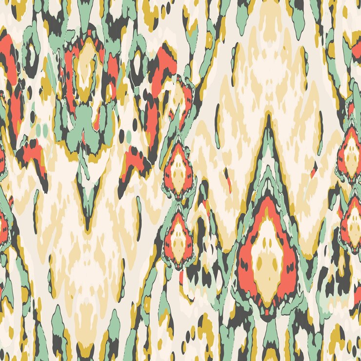 Vector rhombus ikat vector pattern ogee geometric print abstract ethnic kilim gold beige and green vibrant carpet rug chevron motif watercolor batik seamless design wet vintage tie dye ornament