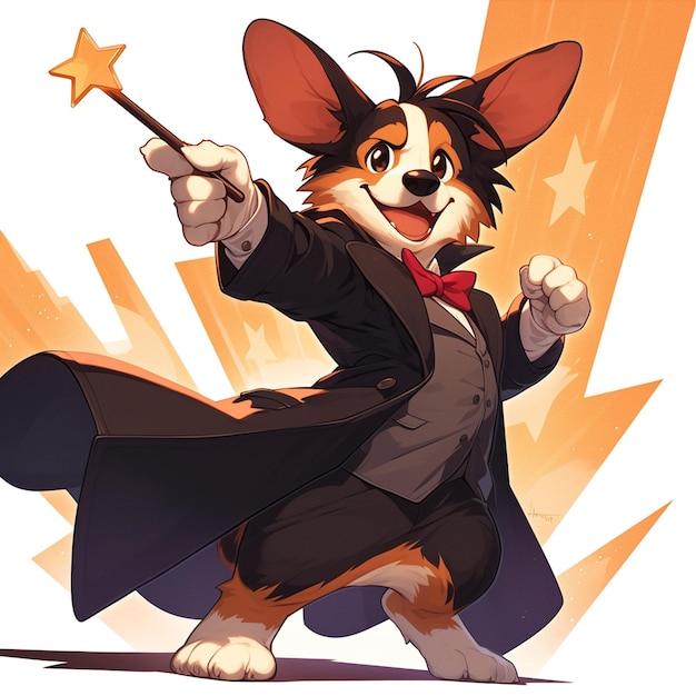 A rhythmic dog magician cartoon style