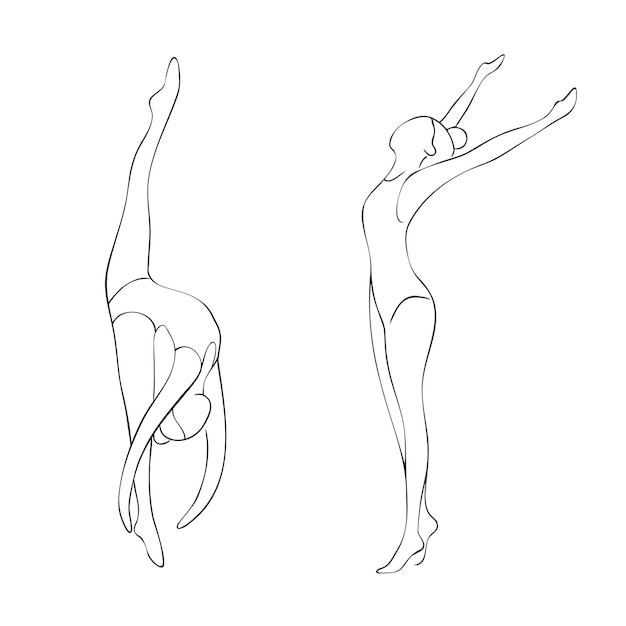 Rhythmic gymnastics line art, art poster. line art drawing of girls doing rhythmic gymnastics. fashion illustration