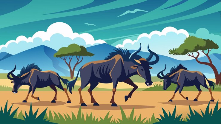 Vector the rhythmic sound of wildebeest hooves pounding across the grassland as they embark on their annual migration