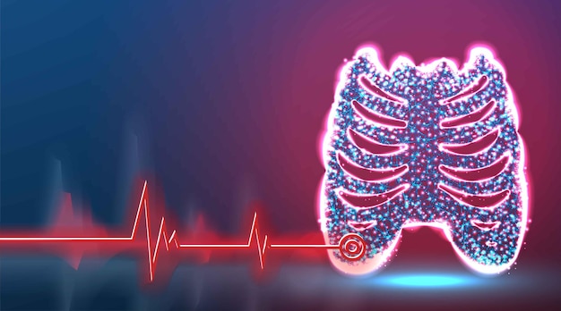 Грудная клетка Боковая кость Анатомия человека Точка болезни Здоровье и медицинская концепция Технология красного лазерного хирурга Абстрактная низкополигональная конструкция каркасной сетки Красный и синий фон Векторная иллюстрация