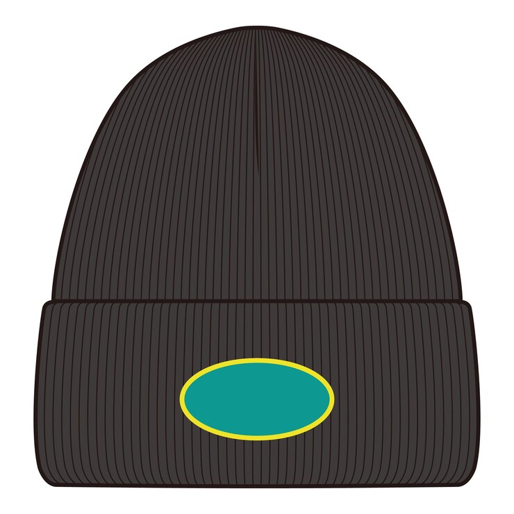 Vector ribbed knit beanie in dark color with a bright oval patch for branding or customization